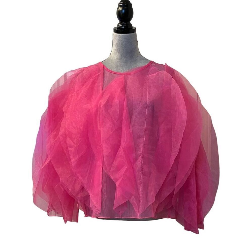 Unique Hot Pink Chiffon Ruffle Puff Blouse Sz L Party Cocktail Pullover